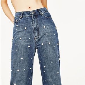 Zara High Rise Jeans with Pearl Beads